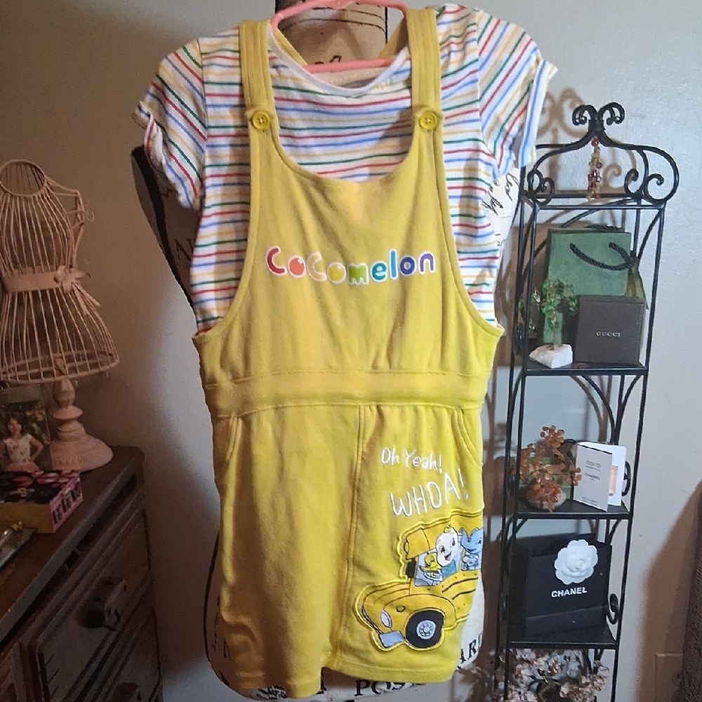 Cocomelon Girls Yellow Pinafore Dress W/rainbow Striped Short Sleeve Tee 4T